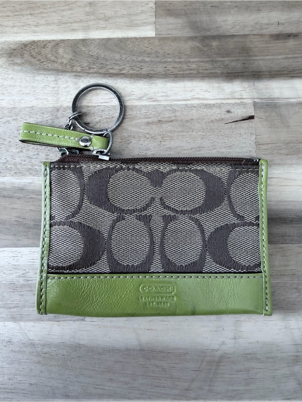 Coach Brown Signature Canvas Card Case with Green Trim and Keyring